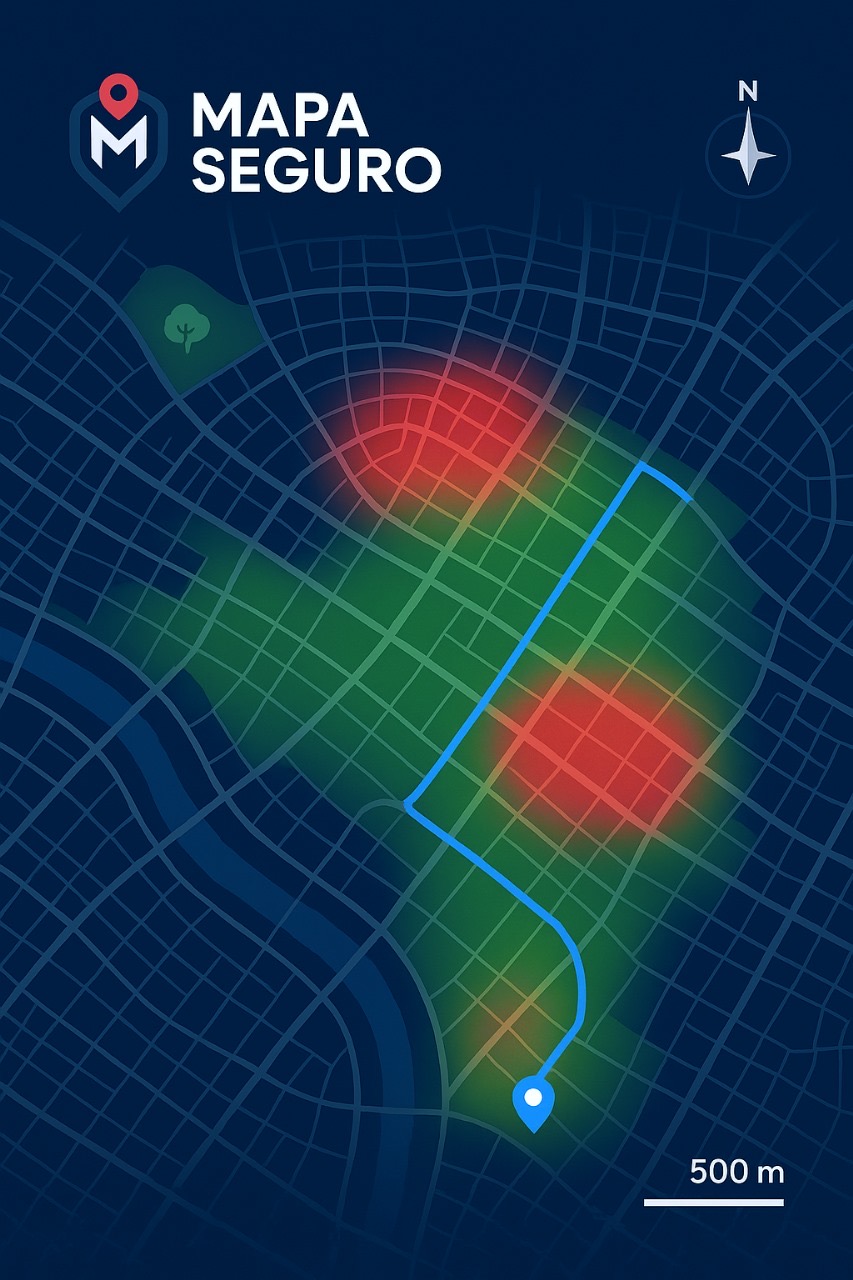 Interface do mapa seguro mostrando funcionalidades em tempo real